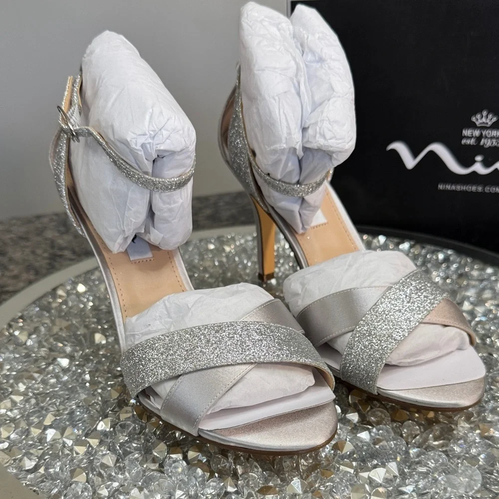 Nina Venus Silver Glitter & Satin Strappy High Heels NEW 9